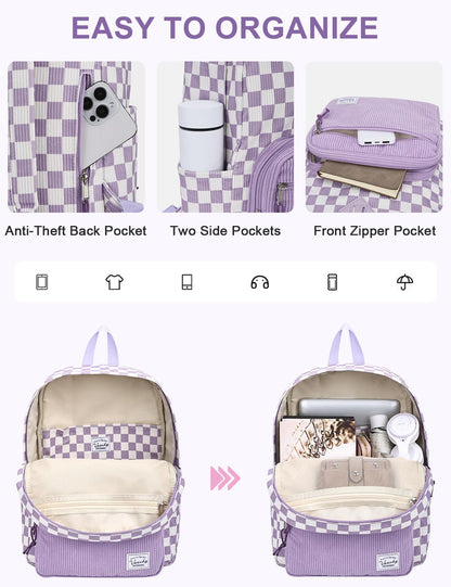 VASCHY Corduroy Backpack for Girls, Lightweight School Bag for Elementary, Middle & High School, Teen Bookbag, Women’s Casual Travel Daypack Purple Plaid