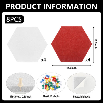 8 Packs White Red Hexagon Felt Pin Board, 12" Bulletin Board with 30 Push Pins, Felt Board for Home Kitchen Office Decor, Self-Adhesive Corkboard Tiles for Walls Message Photos Memos Display