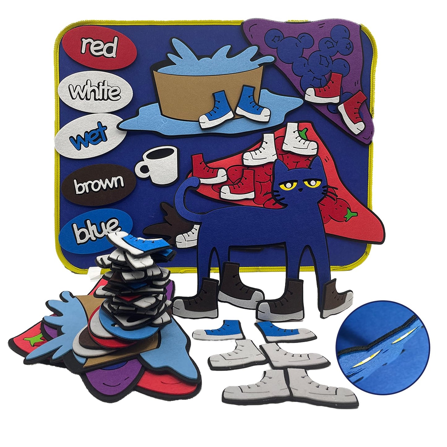 Qimihinoy Felt Story Board Set,Large Animals Felt Stroy Retelling Pieces for Toddlers,Preschool,Teachers, Speech, Therapy,Travel,Classroom (Pete The cat: I Love My White Shoes)