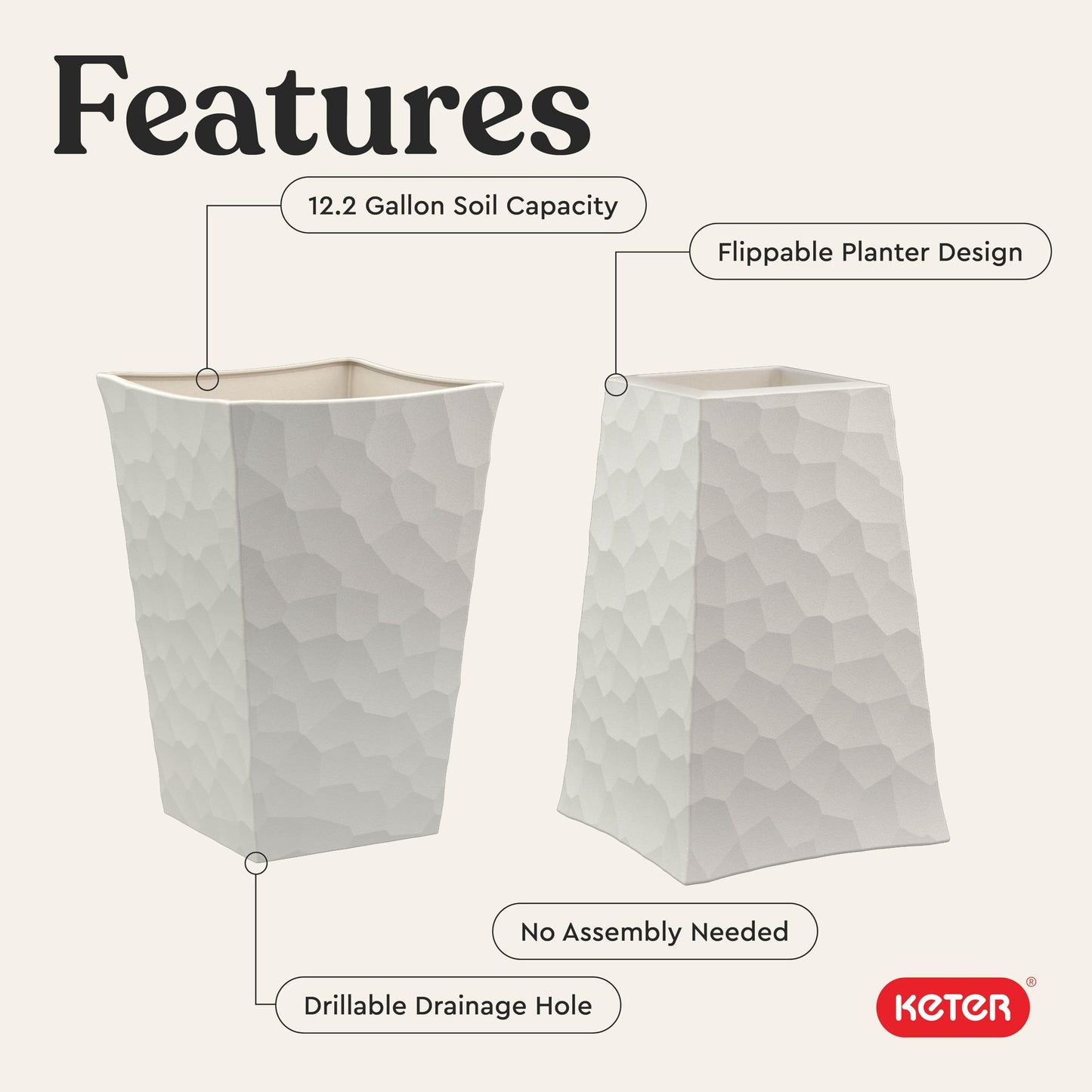 Keter Stone Tapered Planter Set of 2, Tall 26.4‑Inch Resin Outdoor Flower Pots with Stone‑Look Finish and 12.2‑Gallon Capacity, Cream