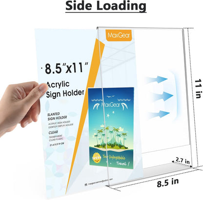 MaxGear Acrylic Sign Holder 8.5 x 11 Inches, Clear Sign Holders Plastic Display Stand Slant Back Countertop Display Picture Frames for Menus, Flyer, Use In Office, Store, 12 Pack