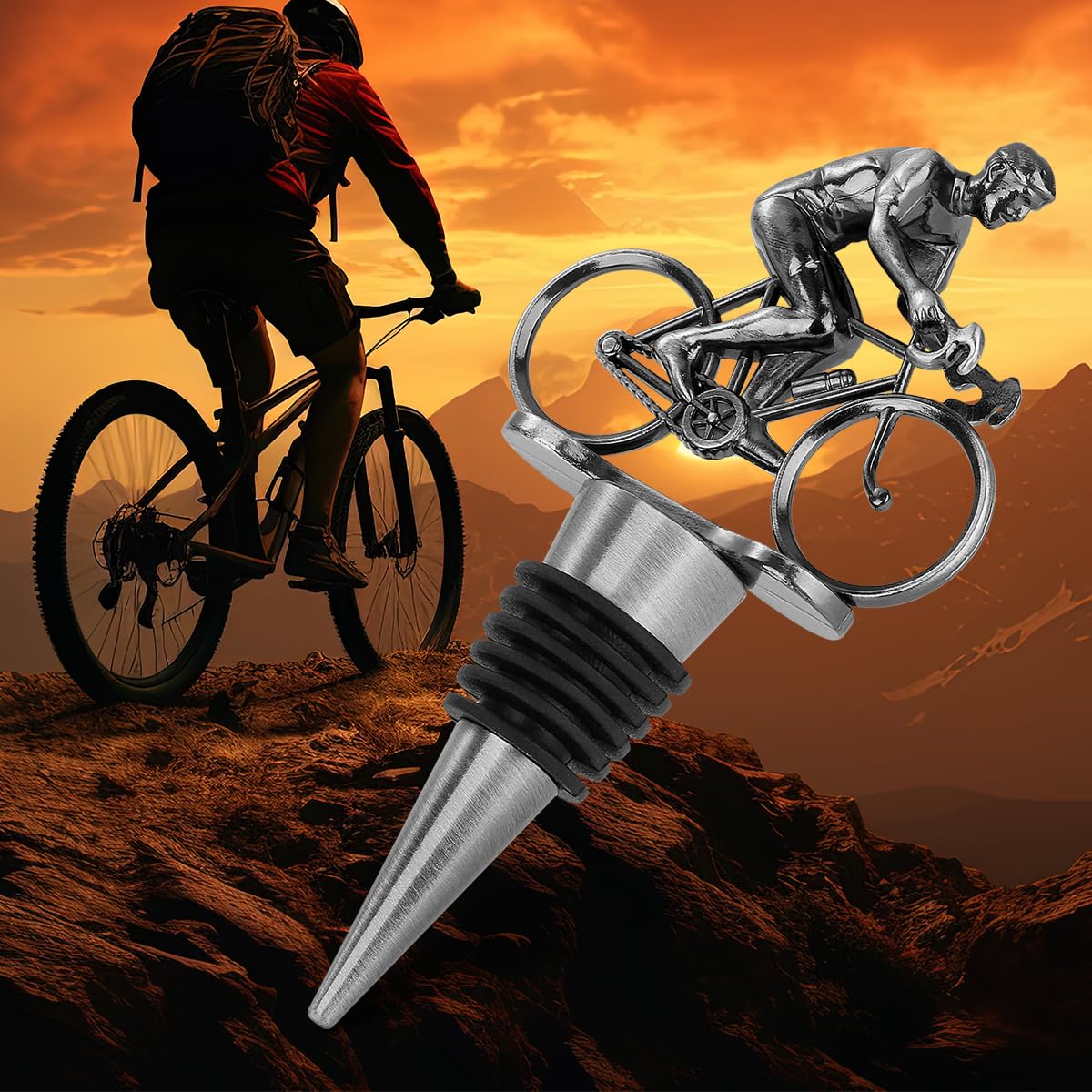 LULLEA Cycling Wine Bottle Stopper, Bicycle Gifts Cyclist Gifts Wine Gifts for Father's Day, Christmas, Birthday, Silver Bottle Stopper for Wine and Champagne with Bag