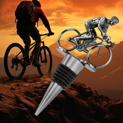 LULLEA Cycling Wine Bottle Stopper, Bicycle Gifts Cyclist Gifts Wine Gifts for Father's Day, Christmas, Birthday, Silver Bottle Stopper for Wine and Champagne with Bag