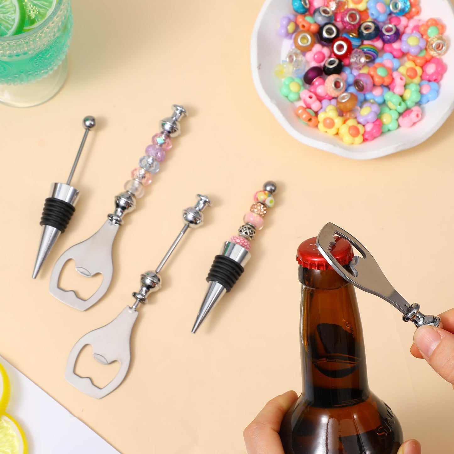 Afcabakila 20 Pcs Beadable Wine Stoppers and Beer Openers Bulk, Reusable Alloy Decorative Bottle Stopper, DIY Craft Beer Opener Set for Spring, Summer, Fall, Halloween, Christmas, Party Favor Gifts