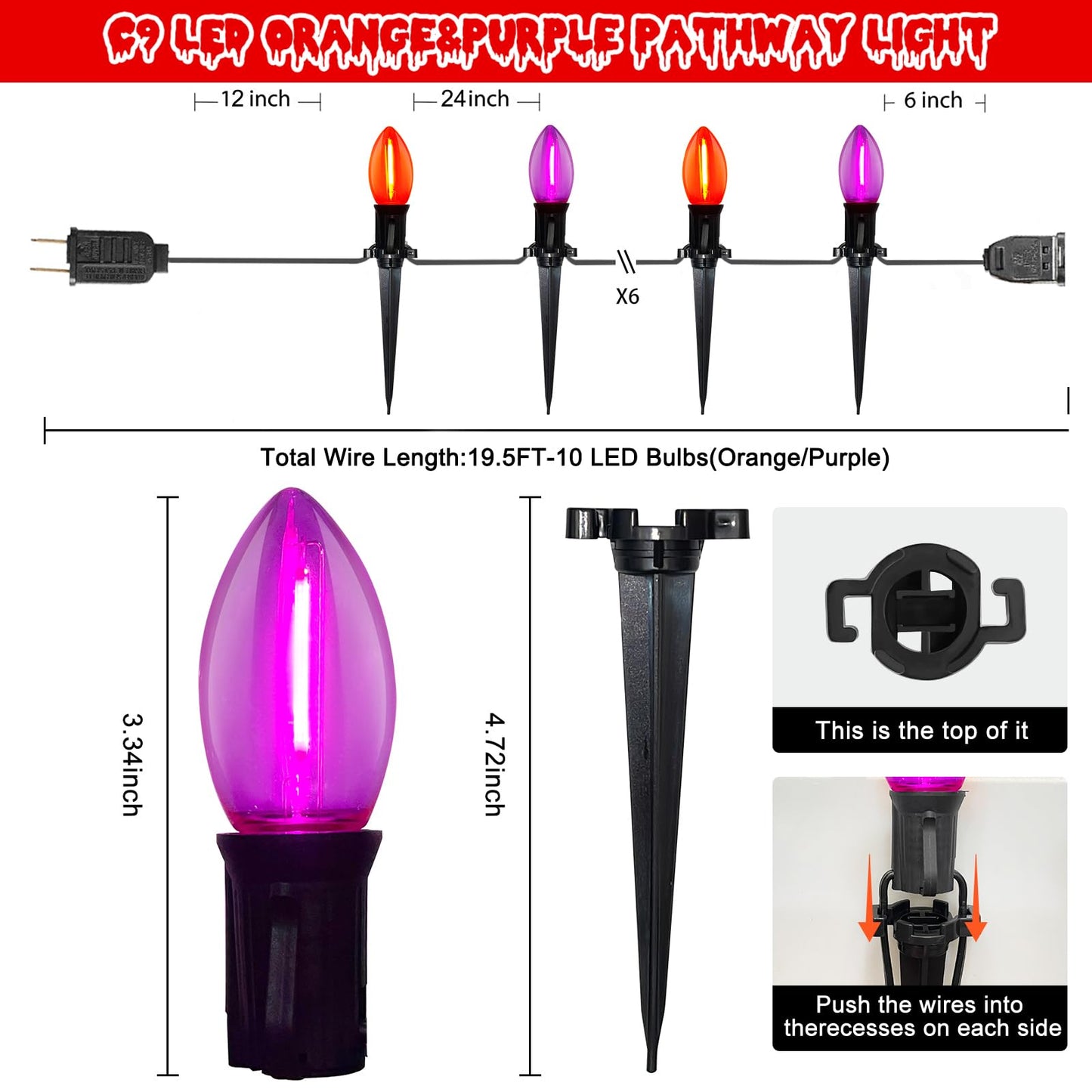 SUNSGNE Halloween Pathway Lights, 19.5Ft Halloween Stake Lights with 10 Count C9 LED Orange and Purple Bulbs for Lawn Yard Sidewalk Garden Decoration
