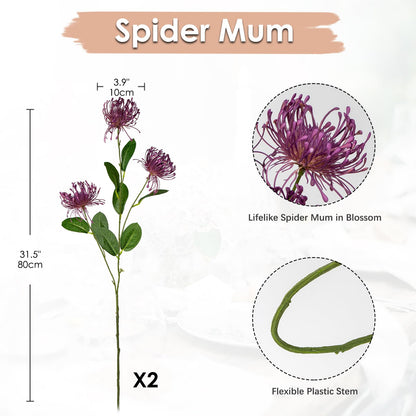 Hollyone 33" Purple Artificial Mums Flowers Faux Chrysanthemum Flowers 2Pcs Spider Mum Flower Arrangement Spring Summer Pincushion Flower with 3 Heads Long Stem for Centerpiece Bouquet Home Decor