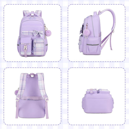 MOONBABY Girls Backpack, Kids Backpack for Girls School Bags with Pen Case, Bow Plaid Book Bag for Elementary Middle Primary High School College, Purple-2pcs