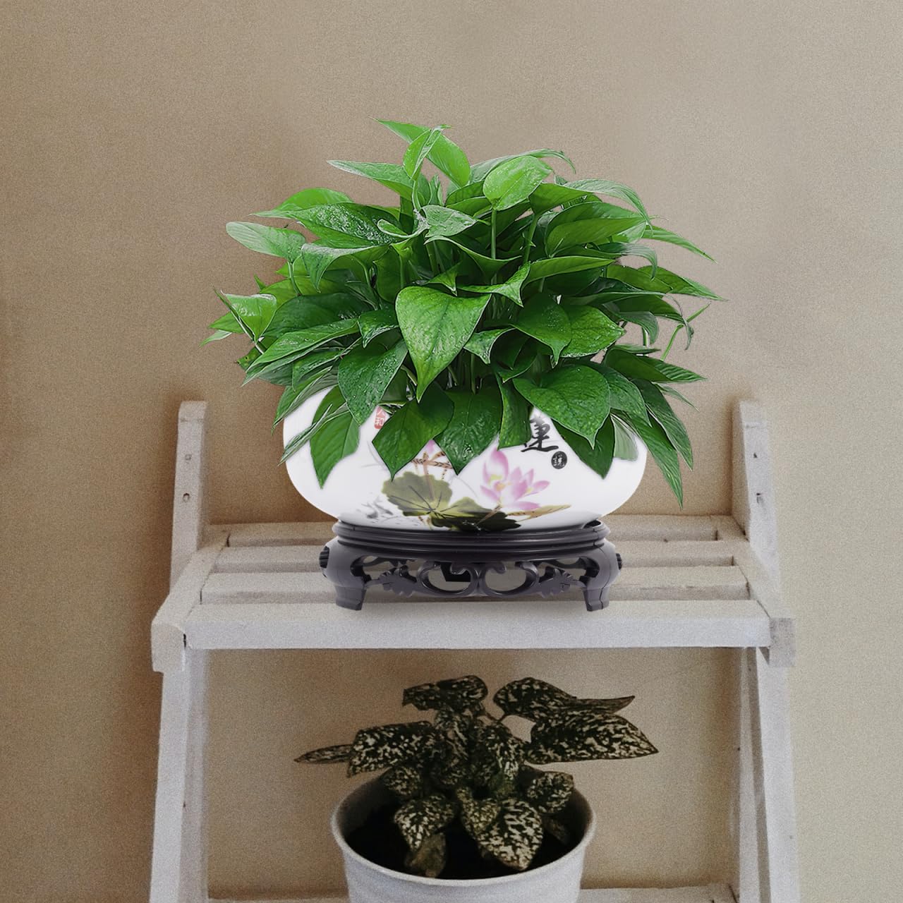 Kisangel Blue and White Porcelain Hydroponic Bonsai Pot with Base 6.69 Inch Non-Hole Indoor Planter for Lotus Flower Water Lilies Home Garden Decoration