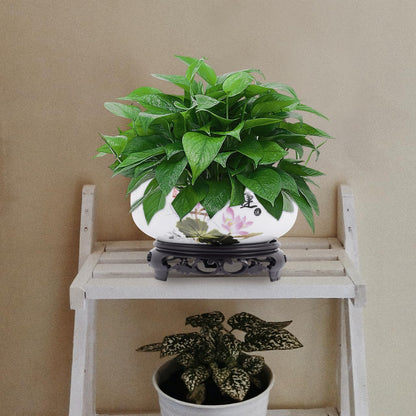 Kisangel Blue and White Porcelain Hydroponic Bonsai Pot with Base 6.69 Inch Non-Hole Indoor Planter for Lotus Flower Water Lilies Home Garden Decoration