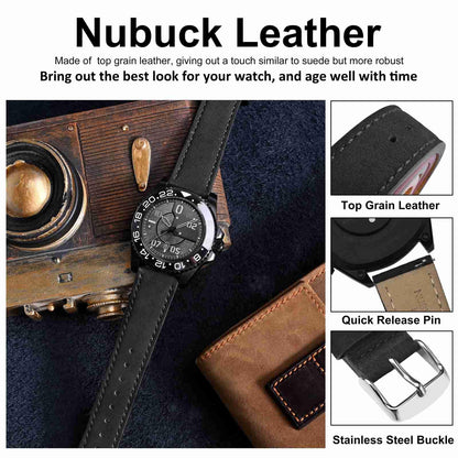WOCCI 19mm Retro Leather Watch Band for Men and Women, Quick Release Replacement Strap with Silver Buckle (Black)