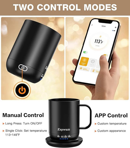 Kepwam Self Heating Coffee Mug T1-16oz Fast Heating & Ultra Long-Lasting Battery Life, Heated Coffee Mug Up to 149℉ - Touch & App Controlled Coffee Mug, Birthday Gifts for Women and Men