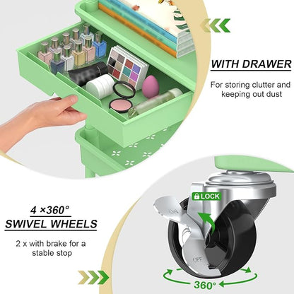Goovilla 3 Tier Rolling Utility Cart Organizer with Removable Drawer, Stable and Sturdy Green Rolling Storage Carts with 2 Lockable Wheels for Bathroom, Kitchen, Snack, Craft, Makeup, Baby Essentials
