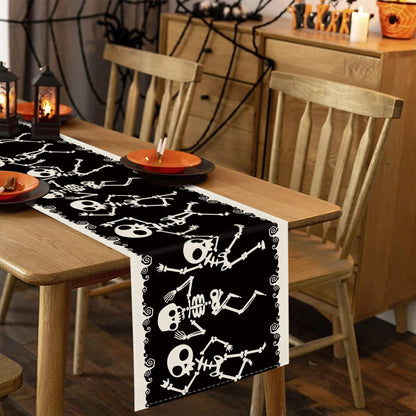 Halloween Table Runner Skeleton Dancing Funny Black Linen Seasonal Kitchen Dining Table Home Outdoor Party Decorations (13'' x 90'')
