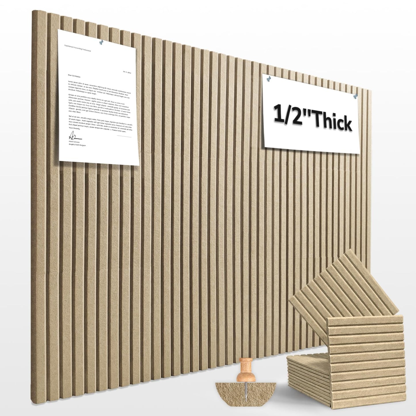 Large Cork Boards for Walls 48"x 36" - 1/2” Thick Bulletin Board, 12 Pack Felt Wall Tiles with Slat Wall Paneling, Pin Board Cork Boards Office - Tan