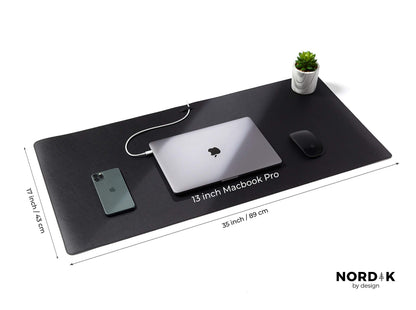 Nordik Cork Leather Desk Mat Cable Organizer (Pebble Black 35 X 17 inch) Premium Extended Mouse Mat for Home Office Accessories - Non-Slip Vegan Leather Desk Pad Protector & Desk Blotter Pad