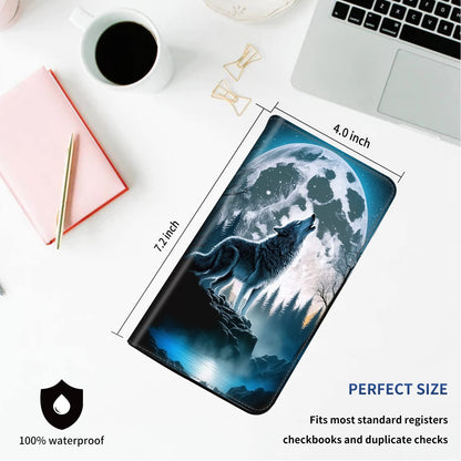 DEGDFSGR Checkbook Cover - Premium Leather Standard Duplicate Register Check Card Book Holder Wallet with RFID Blocking Function for Girl Men Women,Howling Wolf Moon
