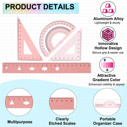PATIKIL Geometry Set, 2 Pack 8 Inch Aluminum Ruler & 4 Triangles, Metal Protractor Ruler Math Drafting Measuring Tool for Home Office Math Drawing Engineering Art,Gradient Pink