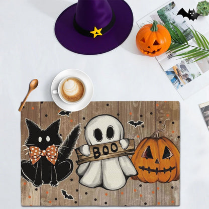 Trick Or Treat Pumpkin Halloween Garden Placemat Set of 4,12x18 Inch Bat Boo Cat Polka Dot Fall Garden Linen Washable Fabric Table Mats for Halloween Decoration Kitchen Dining Table Place Mats