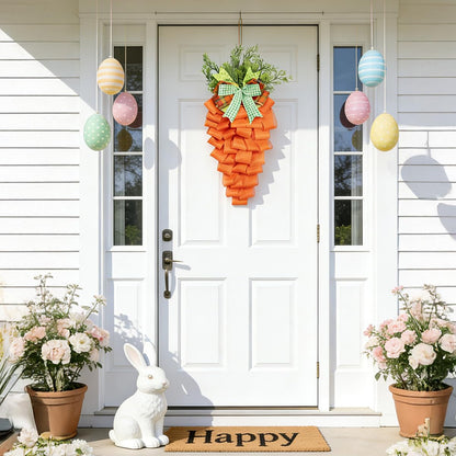 Easter Carrot Wreath Spring Decoration for Front Door, Rustic Stairway Swag Garland with Bow for Window Decor Party Supplies