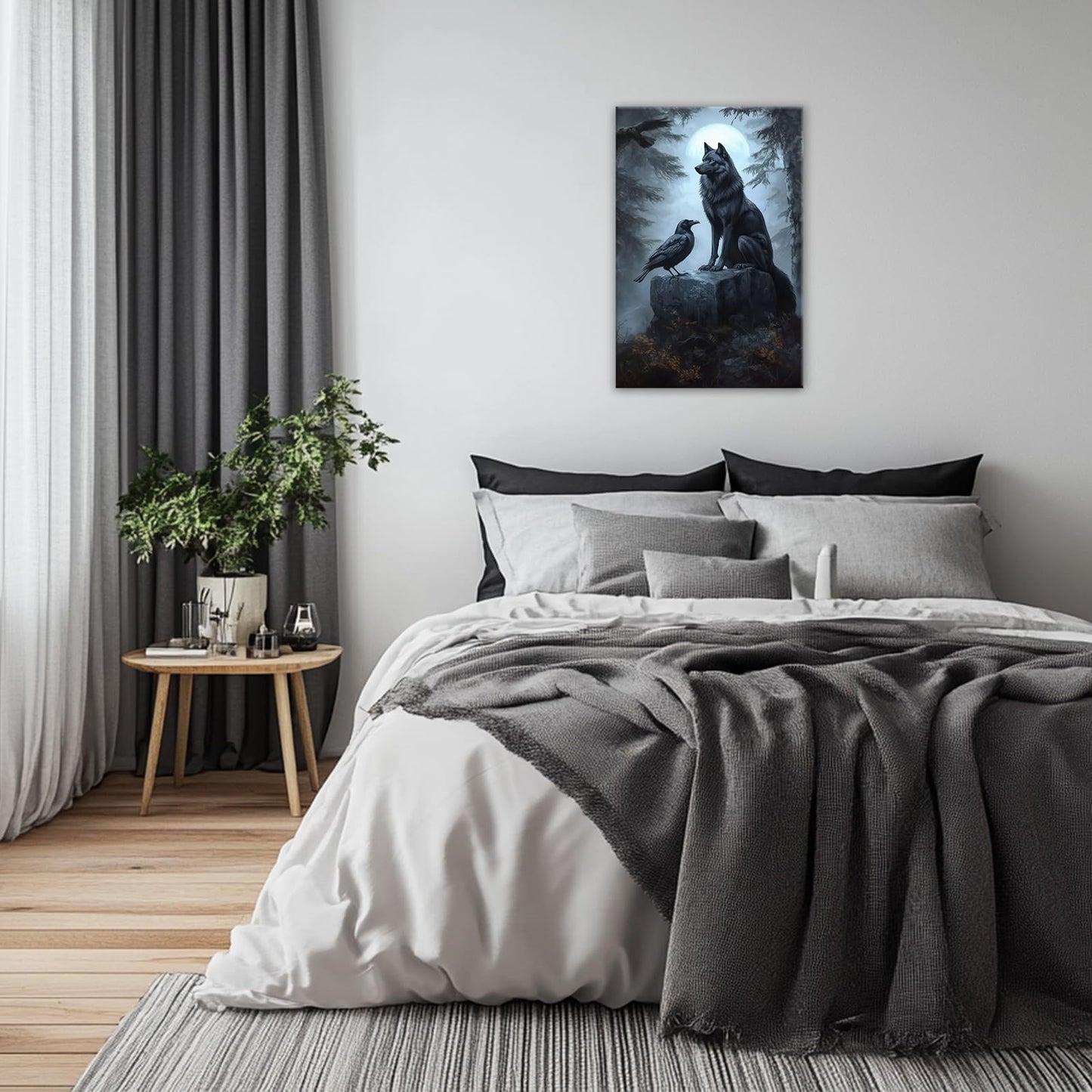 OAAPITI Wolf Raven Wall Art Gothic Nature Wildlife Canvas Print Spooky Forest Art Hallowen Decoration for Living Room Bedroom Wall Deocr