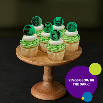 24 Universal Monsters Glow In The Dark Cupcake Rings, Halloween Cupcake Decorations, Including Dracula, Frankenstein, Wolf Man, The Mummy, Invisible Man, Food Safe Cupcake Toppers – 24 Pack