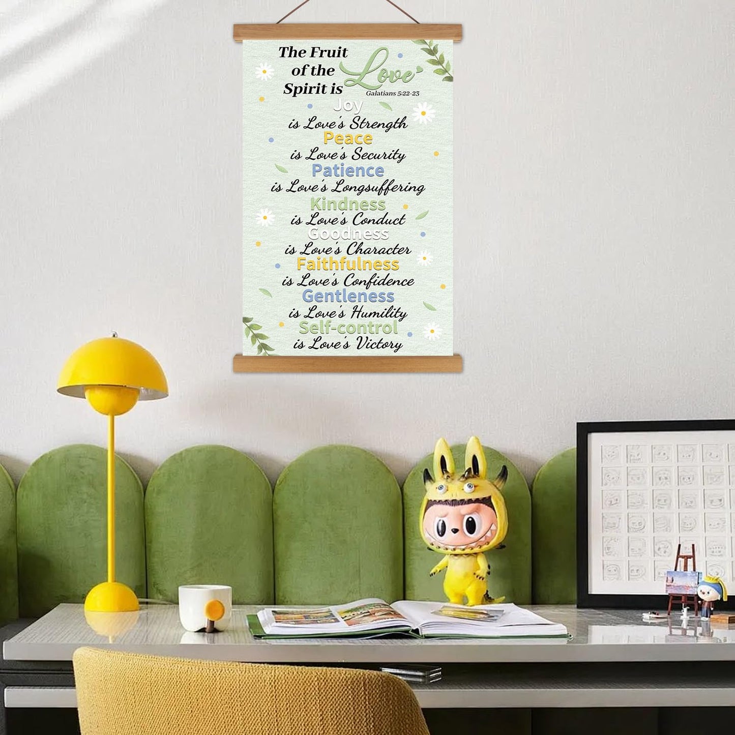 KAlRNE Fruit of The Holy Spirit Poster,Christian Wall Art,Fruit Bible Verse Canvas Hanging Kit,Inspirational Wall Decor,Motivational Poster With Wood Magnetic Hanger for Bedroom Classroom Decoration