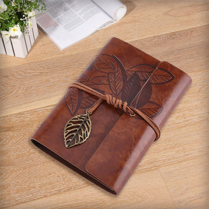 CALFOVERA A7 PU Leather Diary Vintage Writing Travel Business Work Notepad with Lined Pages Leaves Carving Leather Journal Notebook Binder Cover with Book Insert for Men Women(Brown)