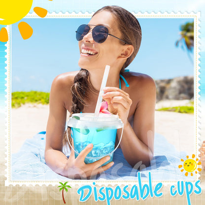 Funnymoom 15 Set 24oz Clear Plastic Drink Buckets with Lids and Straws Disposable Iced Coffee Cups Rum Buckets for Cocktail Parties Smoothie Cup Bulk with Handles for Beach Pool Party Supplies