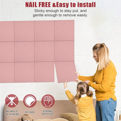Large Cork Board Alternative 48" X 36" Bulletin Board - 12 Pack Removable Felt Wall Tiles with 30 pushpins, Large Cork Boards for Walls Cork Board for Office Pin Board Tack Board - Pink