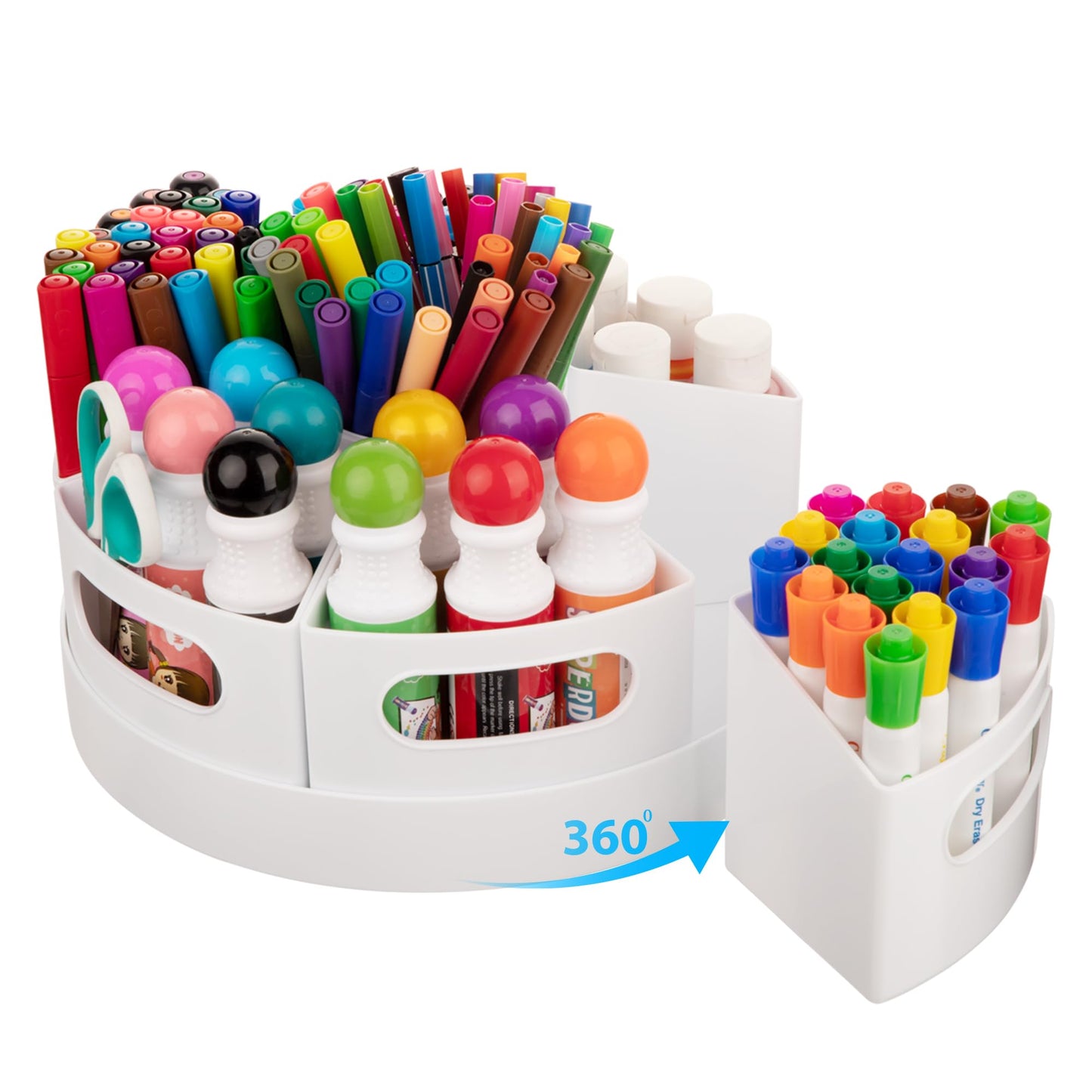 CraftGenes Art Supply Organizer, Extra Large 360 Degree Rotating Desk Organizer with 7 Removable Compartments, Marker Organizer and Craft Caddy for Kids, Teachers, Classroom, Home Office, White