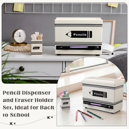 Gueevin 2pcs Pencil Dispenser for Classroom, Fun Desk Organizer with Eraser Holder, Interactive Pencil Storage for Teachers, Students & Homeschool Desk Organizer, Back to School Supplies(White)