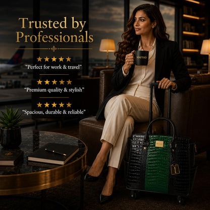 MAYYAD Emerald Green and Black Rolling Laptop Bag for Women – Premium Crocodile Embossed PU Leather Business Trolley – Stylish 17.3” Laptop Briefcase with Spinner Wheels