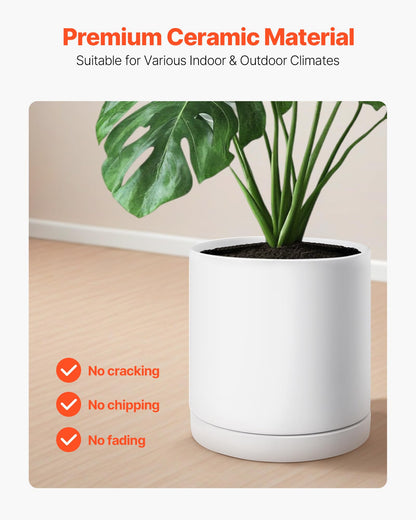 VEVOR Plant Pot, 12-Inch Ceramic Pots for Plants with Drainage Holes, Non-Slip Pads & Detachable Saucer, Modern Ceramic Flower Pots, Indoor and Outdoor Tree Planter Pot, Home & Office