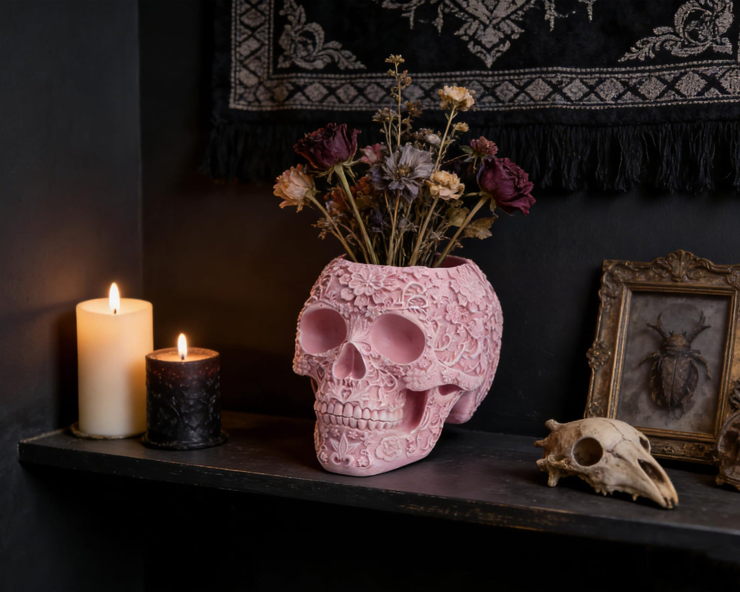 BOIHEGU Skull Bowl Decorative Skull Vase Makeup Brush Pen Holder Organizer Dresser Gothic Table Organizer Decoration, Pink Skull Pot Enthusiasts Gifts