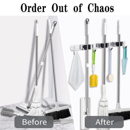 AceMining 5 Racks and 4 Hooks Mop and Broom Holder Wall Mount, Broom Organizer Storage Tool Racks Stainless Steel Heavy Duty Hooks Self Adhesive Solid Non-slip for Home Kitchen Garden Laundry Garage