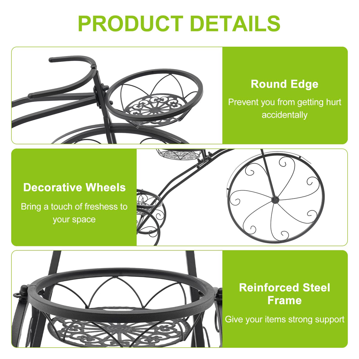 CCXYYFDJ Tricycle Plant Stand, Metal Bicycle Planter with 3 Plant Baskets, 66Lbs Capacity Detachable Bike Flower Pot Cart Holder for Patio Deck Garden Lawn Decorative