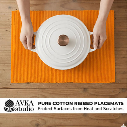 100% Cotton Ribbed Placemats - Set of 4-13 x 19 Inches - Orange - Everyday/Fall/Thanksgiving/Halloween Cloth Table Mats - Thick Construction, Washable Reusable & Place Mats - by AVKA Studio