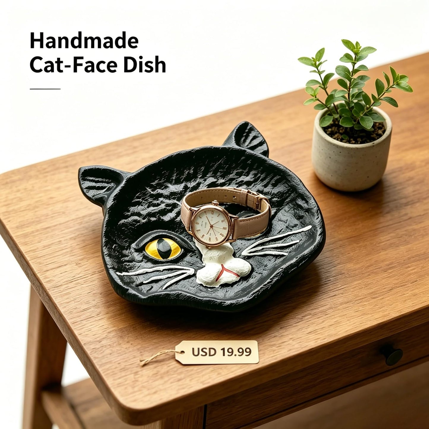 Womeet Black Cat Face Cast Iron Trinket Dish, Gothic Kitten Jewelry Tray, Small Decorative Cat Ring Holder for Earrings Necklings Rings, Halloween Home Decor Storage Dish for Vanity Countertop