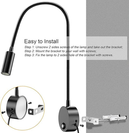 ERAY Plug-in LED Wall Mount Reading Light with 15" Flexible Gooseneck & USB Charging Port Dimmable Focused Bedside Reading Lights Black-1 Pack