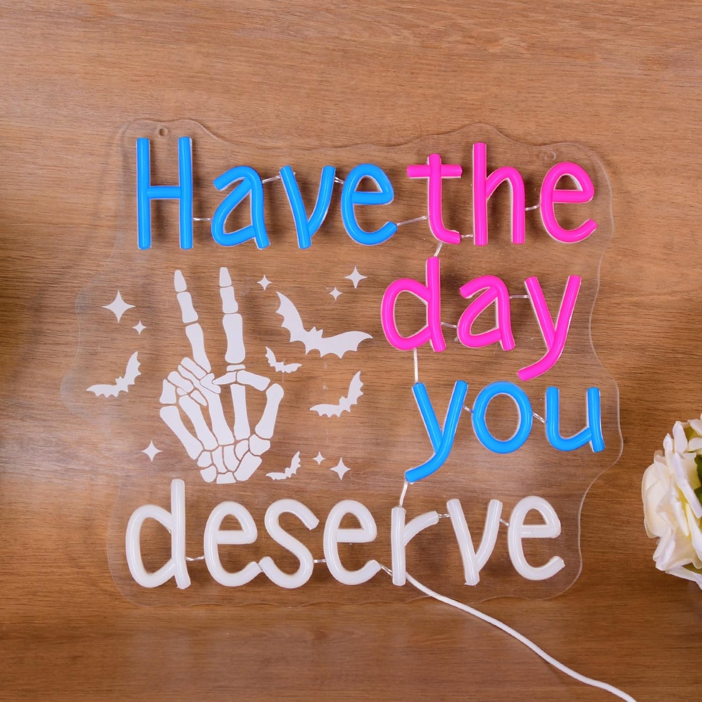 Have The Day You Deserve Gothic Emo Neon Sign Edgy Dark Humor Skeleton Hand Funny LED Neon Light for Home Bar, Horror Room Decor, Ironic Gift for Sarcastic Friends