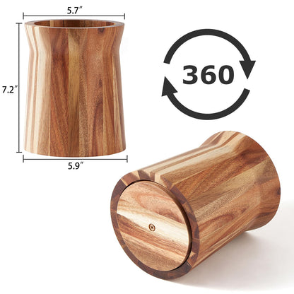 LOHONER Wooden Utensil Holder for Countertop, 360° Rotating Kitchen Utensil Holder, 7.2"x 6" Large Acacia Wood Crock, Farmhouse Kitchen Decor