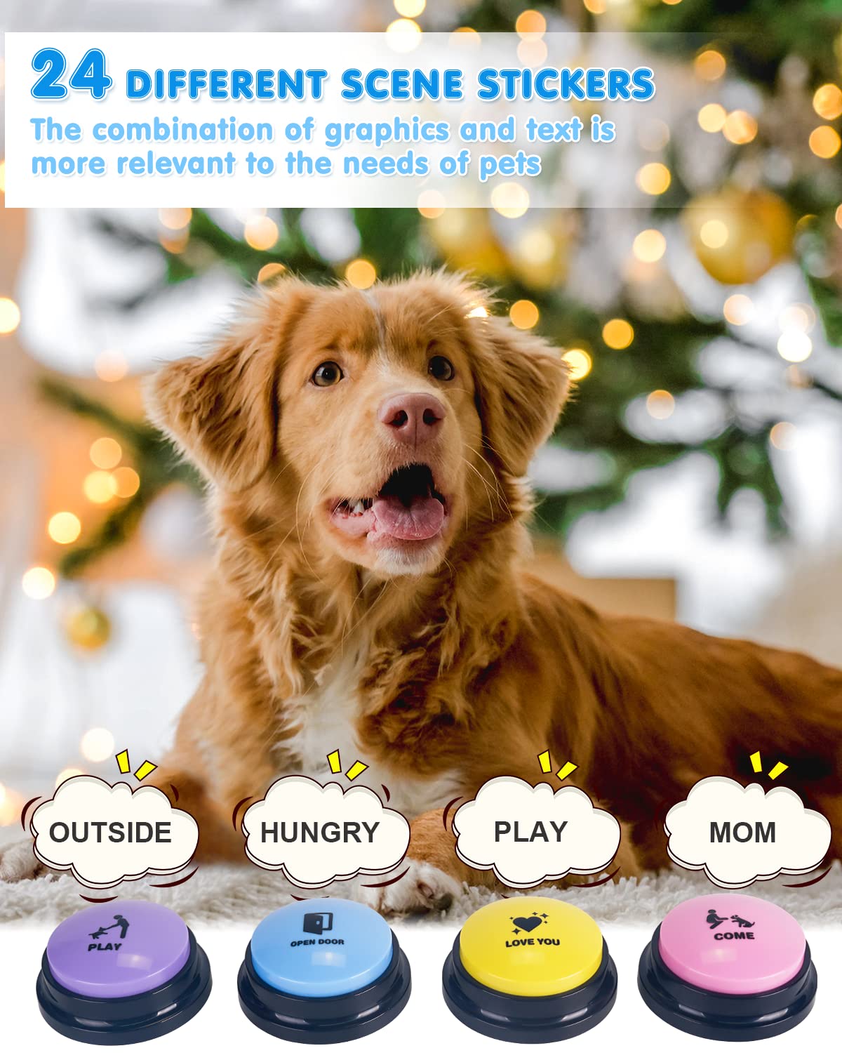 Acools Dog Buttons for Communication, 4 Dog Talking Button Set, Speaking Buttons for Cats and Dogs, 30s Voice Recordable Pet Training Buzzer with Waterproof Dog Activity Mat and 48 Scene Stickers