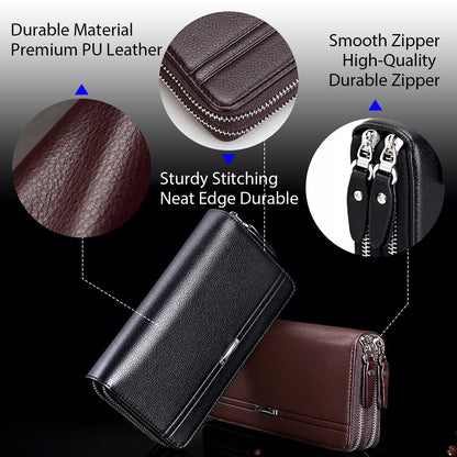 Long Wallet for Men with 12 Card Slots, Waterproof Leather Zipper Wallets for Men, Travle Wallet Clutch Men for Phone Cash and Card, Gift for Father Son Husband Boyfriend (Black)