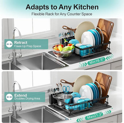 GSlife Family Size Large Capacity Expandable Dish Drying Rack with Absorbent Mat, Rust Resistant Dish Drainer for Plates Bowls Pots and Pans, 16.5"-21.3" L x 14.7" W, Black