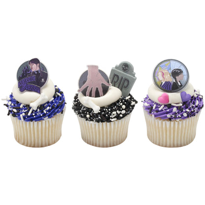 DecoPac Wednesday Outcasts Are In Cupcakes Rings, Nevermore Academy Cupcake Decorations, Food Safe Cupcake Toppers – 24 Pack