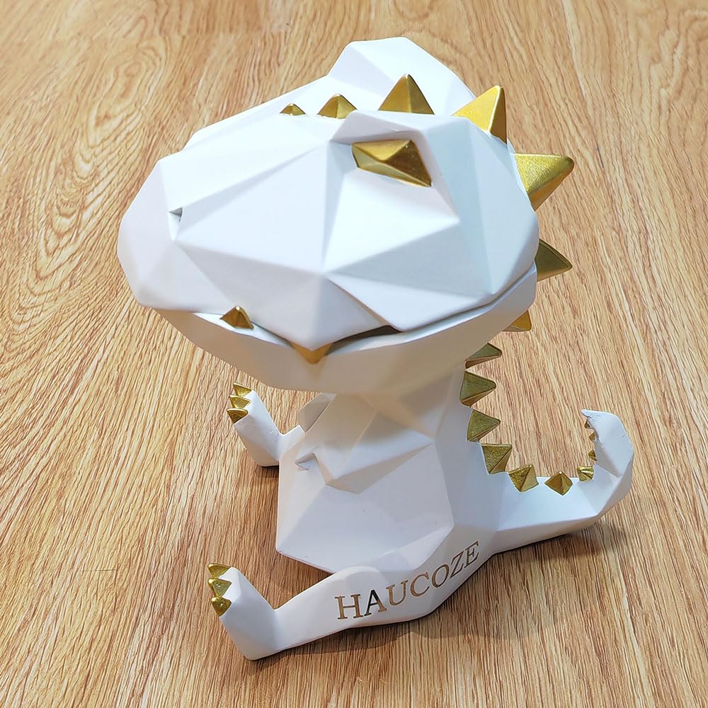 HAUCOZE Dinosaur Candy Dish Cookie Jar Storage Statue Modern Home Decor Sculpture Table Centerpiece Gift for Living Room White 7.5 Inch