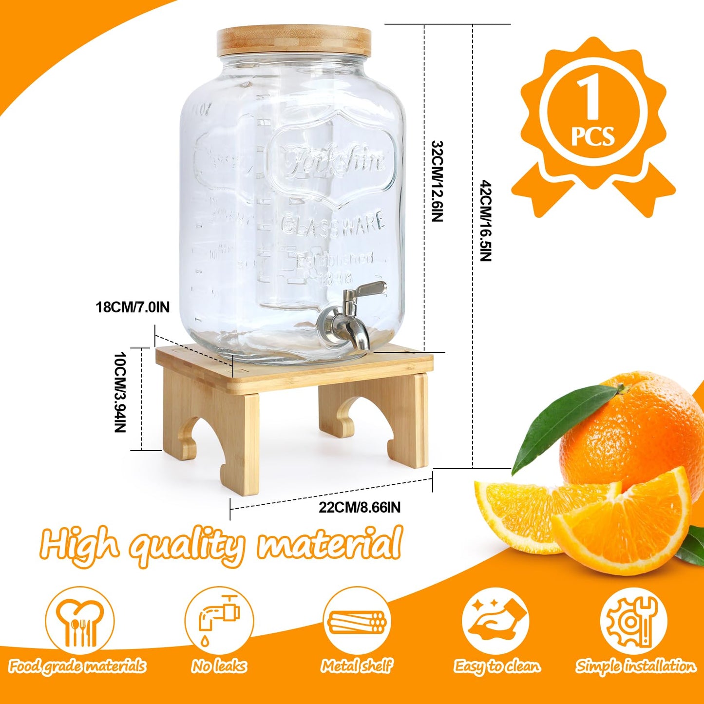 2 Gallon Drink Dispenser with Stand，Glass Beverage Dispenser With Wood Stand, 18/8 Stainless Steel Spigot and Labels Large Water Drink Dispensers for Parties, Lemonade,Juice, Tea
