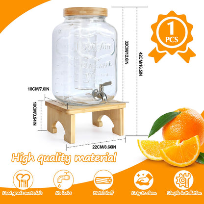 2 Gallon Drink Dispenser with Stand，Glass Beverage Dispenser With Wood Stand, 18/8 Stainless Steel Spigot and Labels Large Water Drink Dispensers for Parties, Lemonade,Juice, Tea
