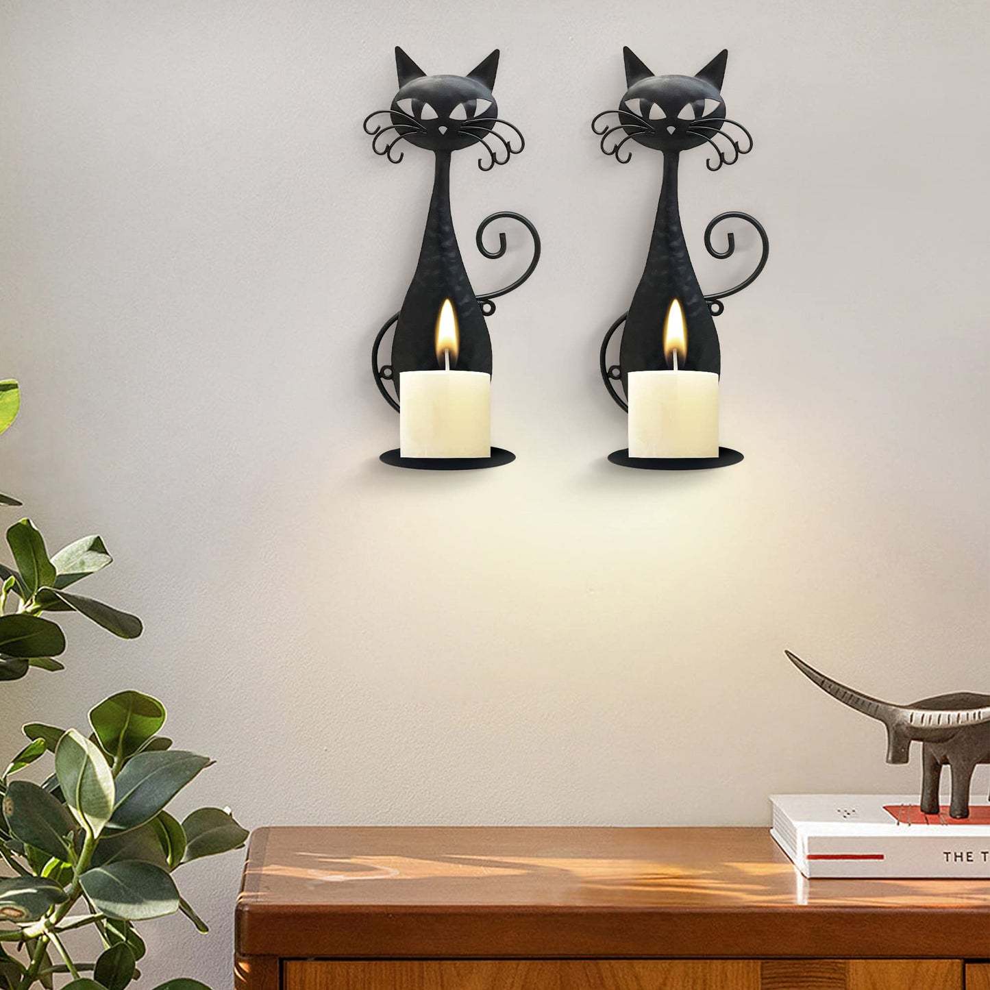 OFILLES Glass Candle Holders for Pillar Candles,Black Metal Cat Wall Sconces Candle Holder