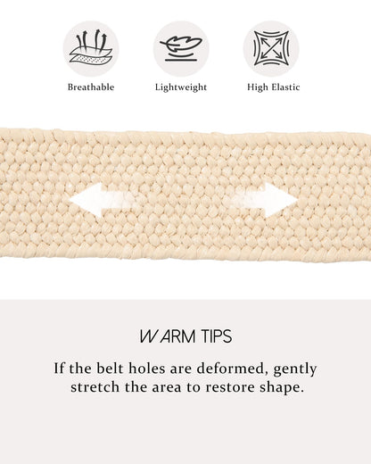 AWAYTR Womens Boho Woven Belt - Easy Care Plastic Elastic Belt with Handmade Raffia Buckle for Daily Vacation Work,Beige,Fit Waist 31''-36''